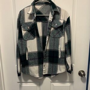 Women's Plaid Button Down Shirt - Green and White